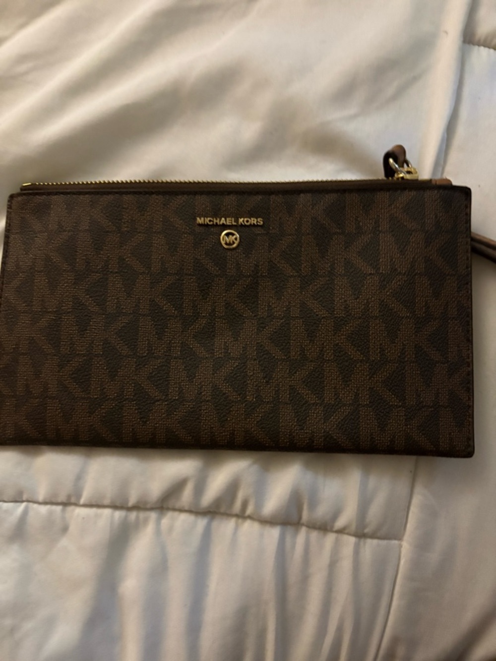 Michael Kors Brown Signature MK Logo Wristlet Clutch with Gold Hardware